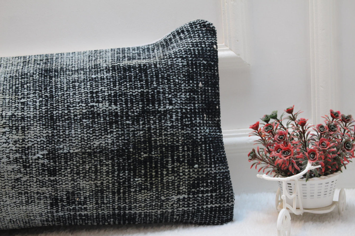 Black Turkish Rug Lumbar Pillow Cover: Vintage Woven Wool, 12x36 inch