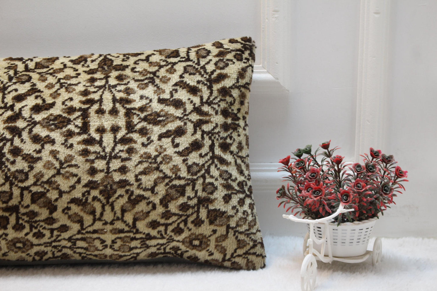 Handwoven Kilim Lumbar Pillow Cover 12x36 – Beige & Brown Floral