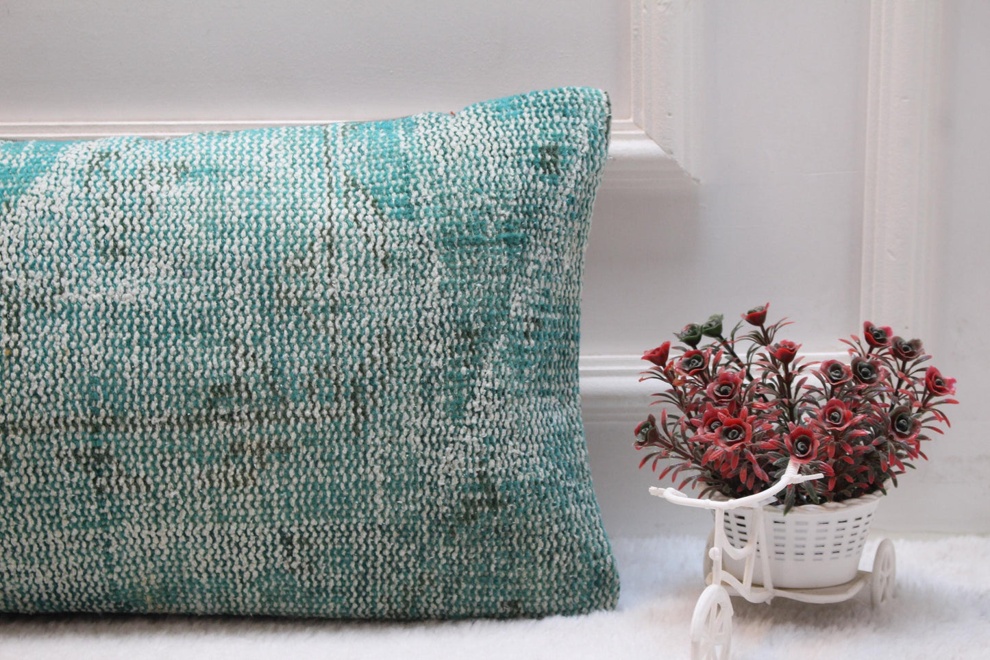 Pastel Mint Vintage Kilim Cushion – 12x36” Wool Lumbar Pillow, Turkish Handwoven Textile