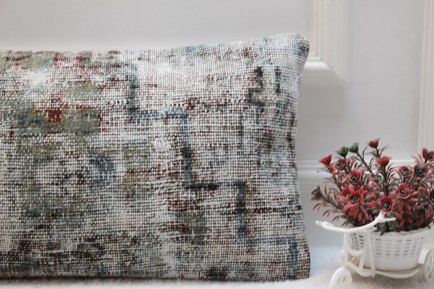 Wabi-Sabi Turkish Kilim Pillow – 12x24” Handwoven Lumbar Cushion in Weathered Blue & Grey