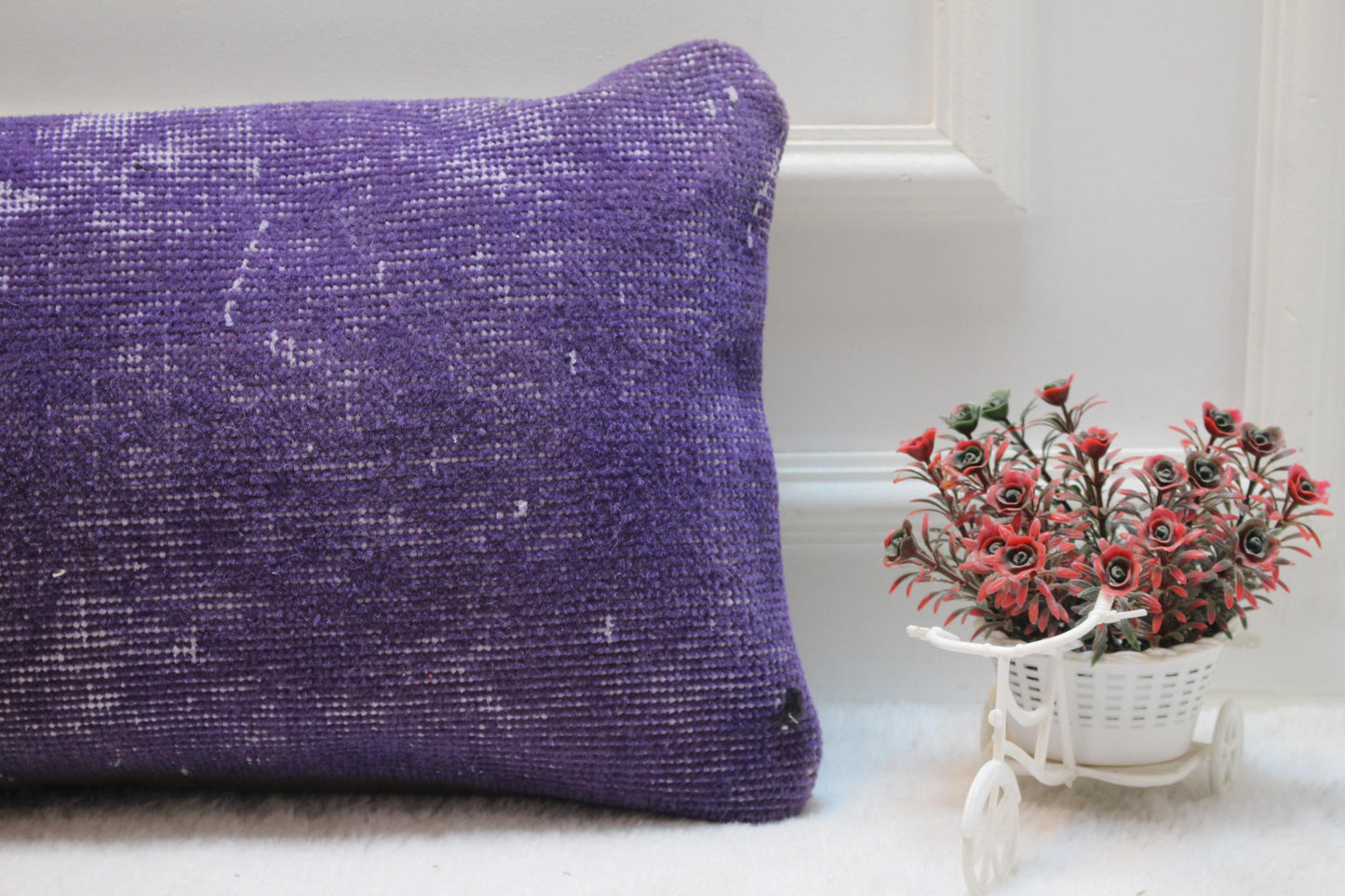 Purple Turkish Rug Lumbar Pillow Cover: Distressed Boho Bolster (12x36)