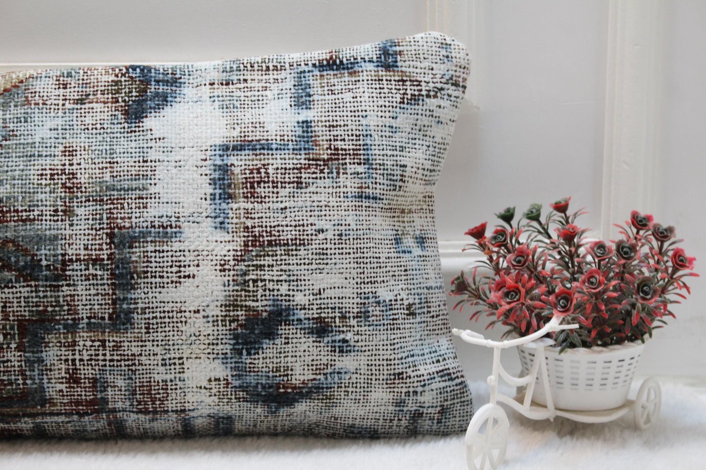 Handmade Kilim Lumbar Pillow – 12x36" Turkish Rug Cushion, Earthy Blues