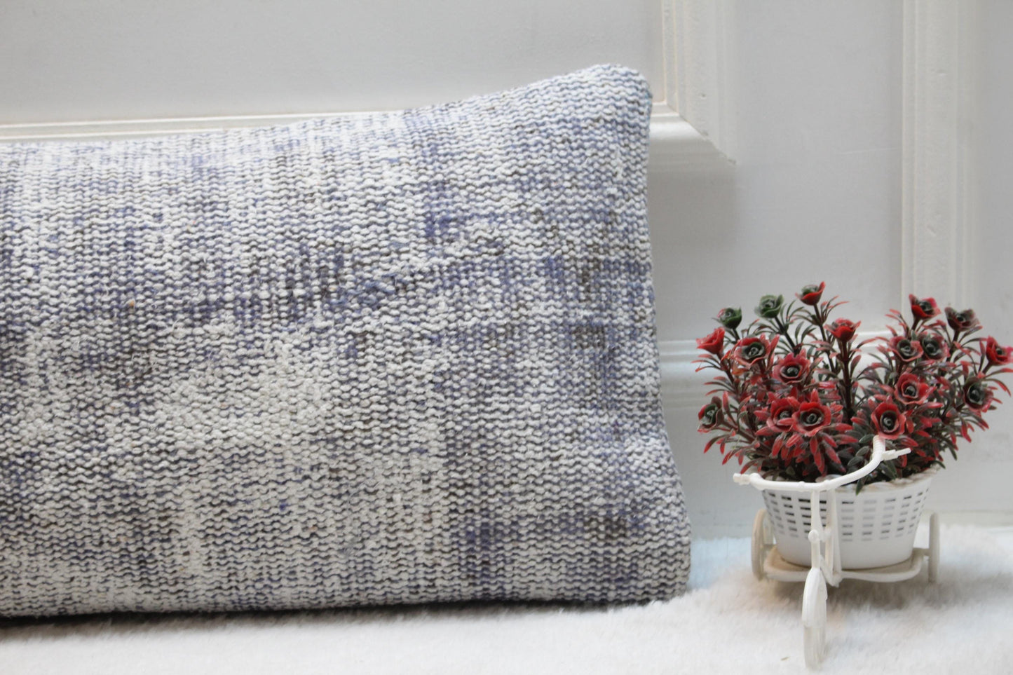Handwoven Light Blue Kilim Lumbar Pillow Cover – Boho Farmhouse Accent (12x36”)