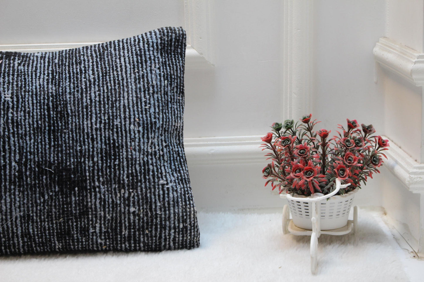 Navy Turkish Rug Lumbar Pillow Cover: Vintage Printed Bolster (12x36)