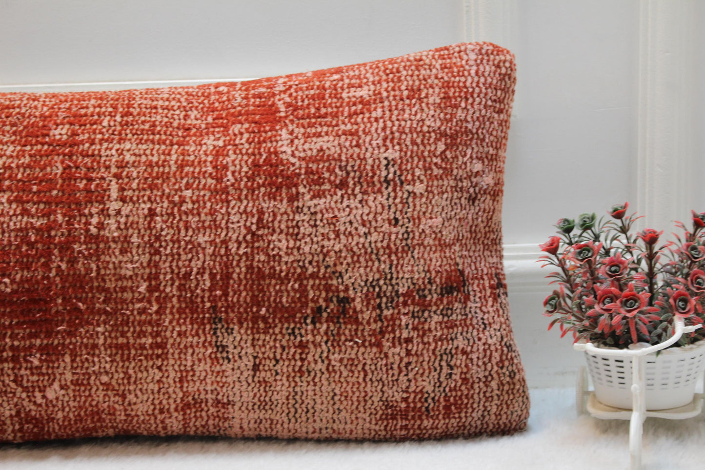 Terracotta Red Lumbar Pillow Cover 12x36: Vintage Turkish Rug, Handmade Wool