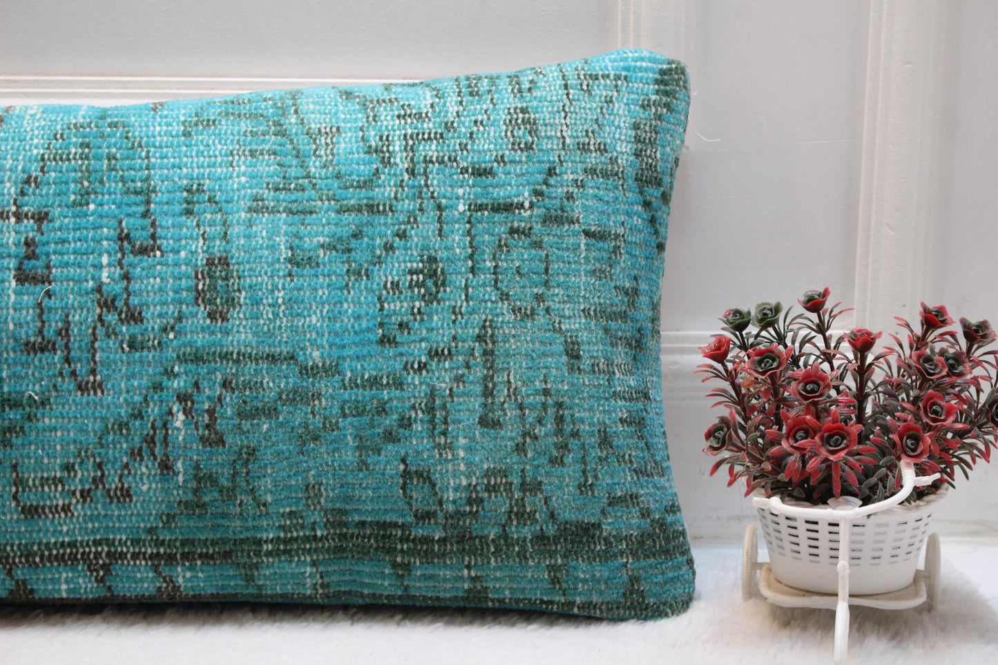 Handcrafted Turquoise Turkish Rug Lumbar Pillow: 12x36 Boho Cushion