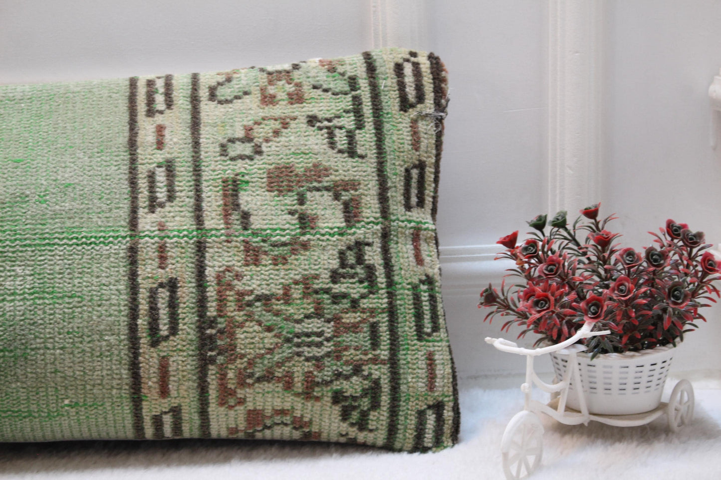 Green Turkish Rug Lumbar Pillow Cover: Rustic Boho Cushion (12x36)