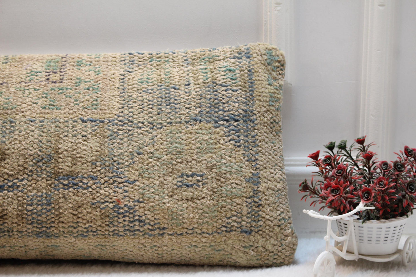 Vintage Turkish Rug Lumbar Pillow Cover (12x36): Beige & Faded Blue Boho Cushion