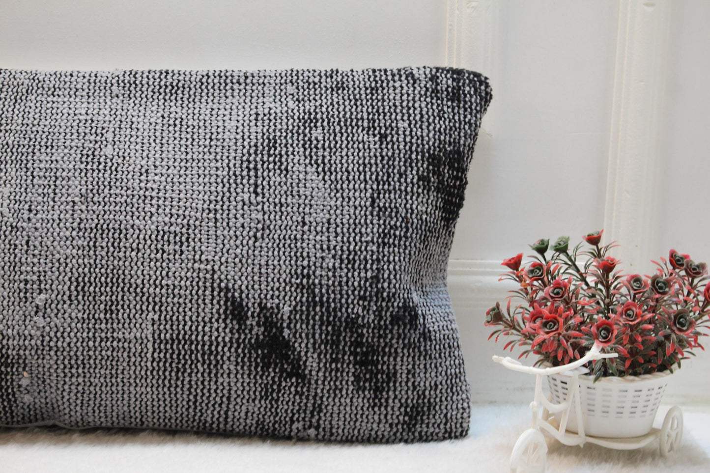 Charcoal Gray Lumbar Pillow Cover: Vintage Turkish Rug Print, 12x36 Boho Cushion