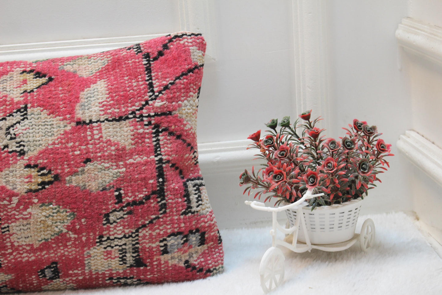Red Vintage Turkish Rug Lumbar Pillow Cover: 12x36 inch Wool Kilim Pillow