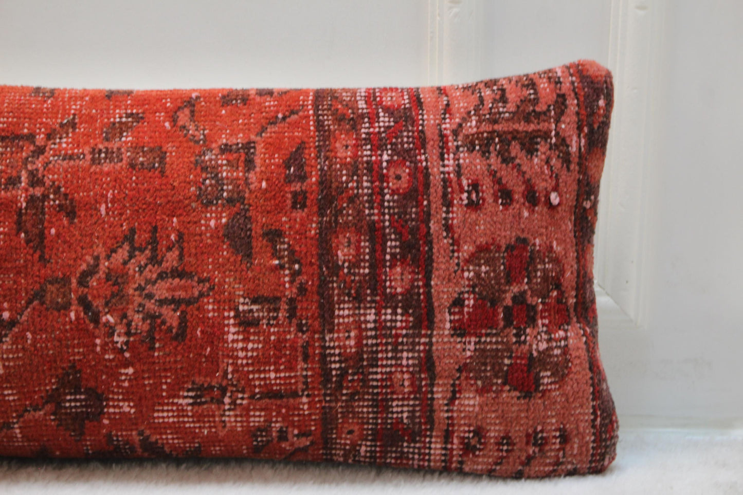 Handwoven Kilim Lumbar Pillow | Red Floral Turkish Cushion (30x120”