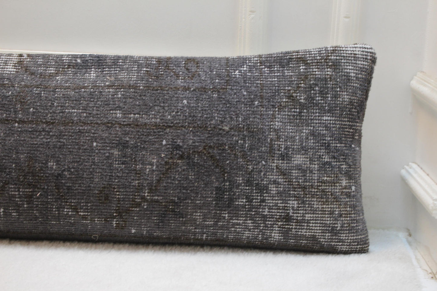 Faded Grey Wool Kilim Pillow, Handwoven Turkish Lumbar Cushion (30x120 inches)