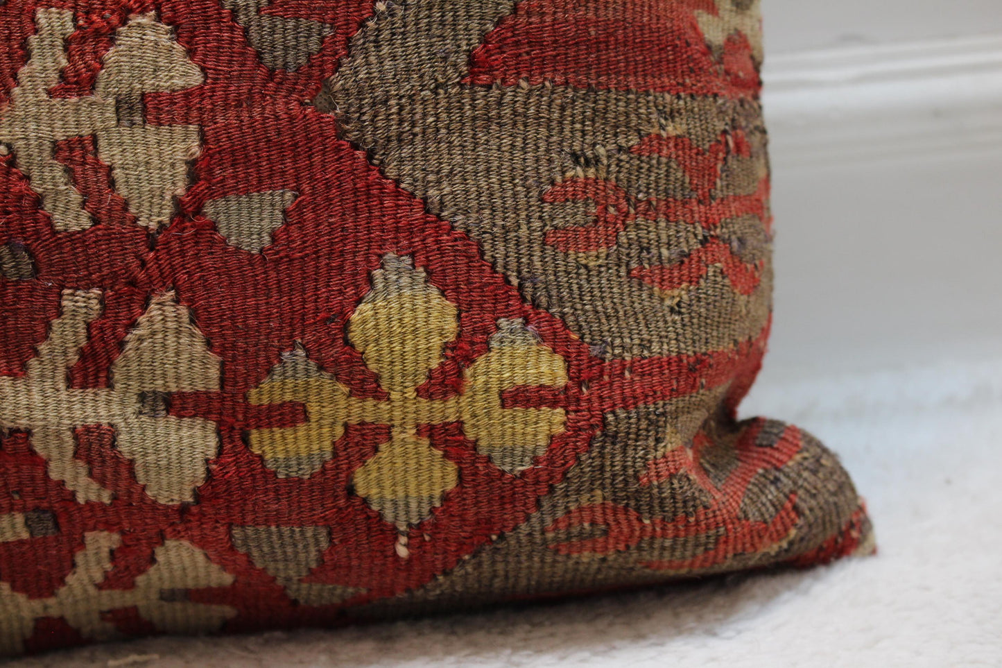 Red Kilim Pillow Cover: Handmade Organic Wool Throw Pillow (16x16 in)