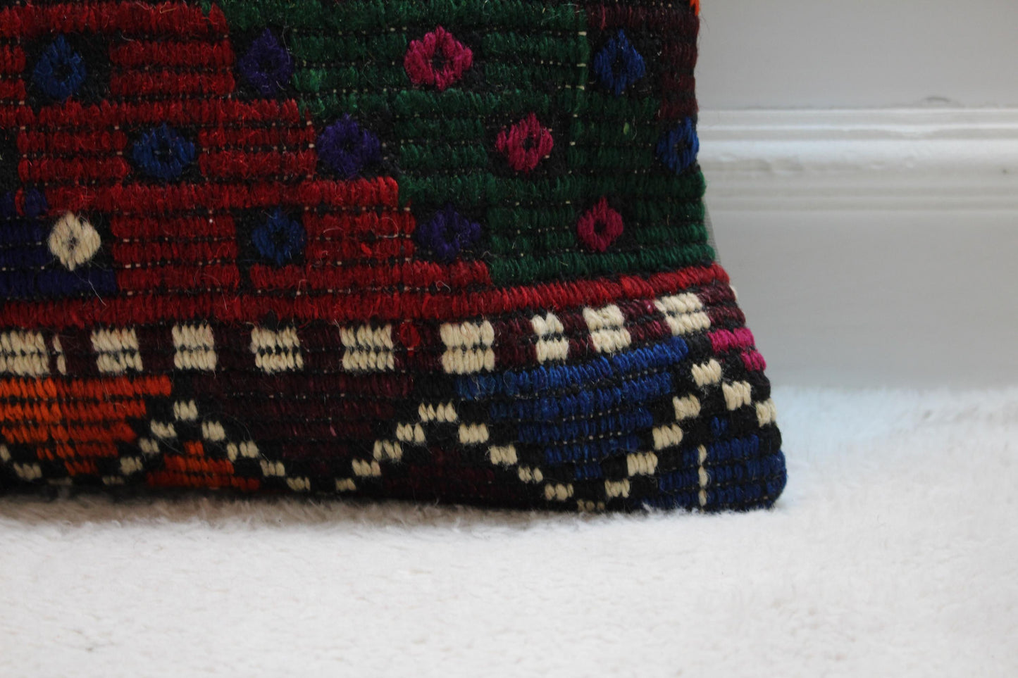 Handmade Kilim Pillow Cover: Geometric Rainbow Wool, 16x16 inch