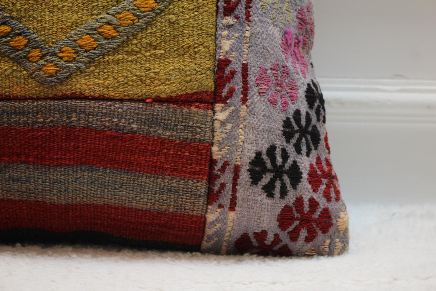 Handmade Patchwork Kilim Pillow Cover: Upcycled Woven Wool, 16x16 inch