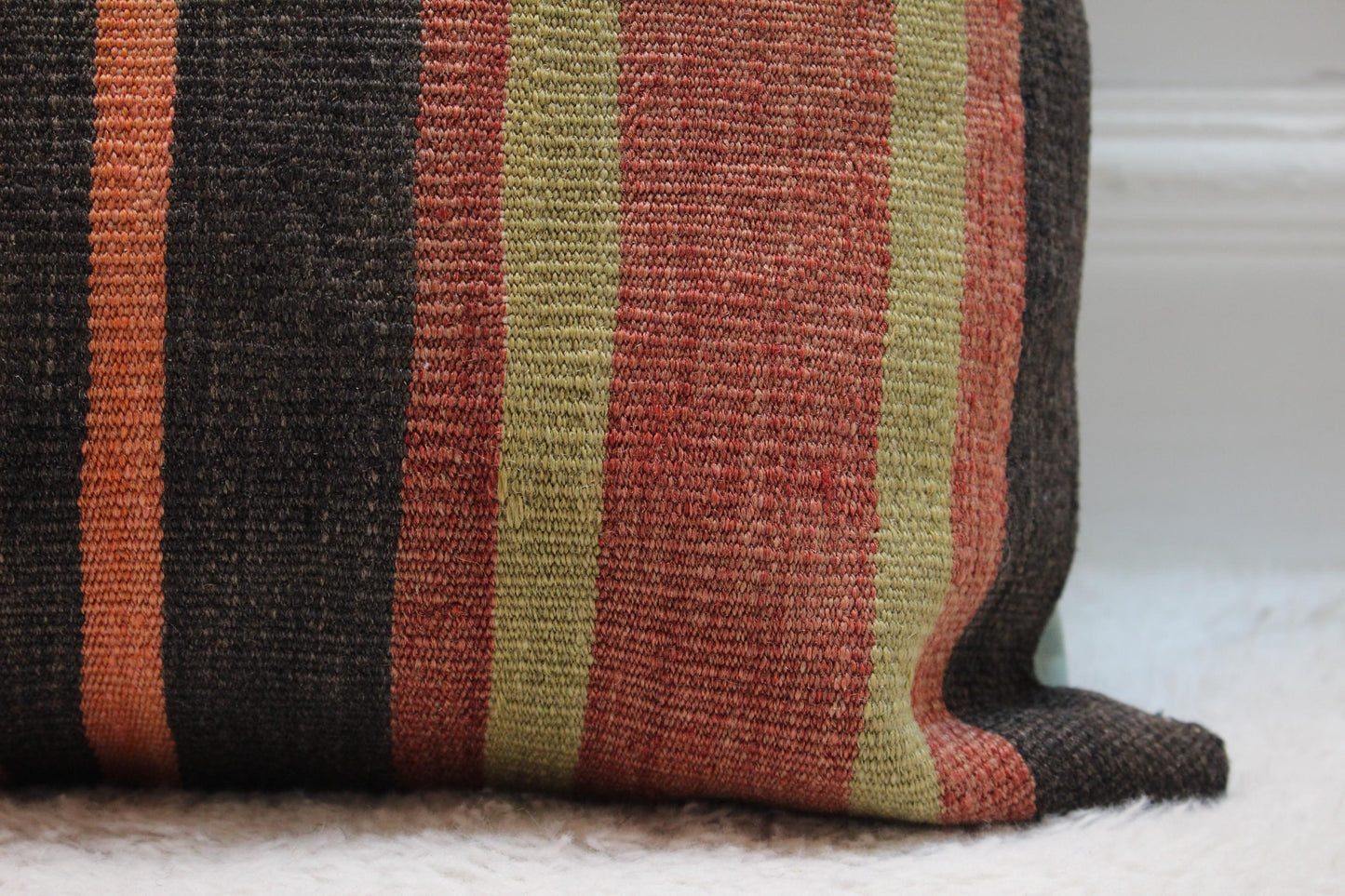 Handmade Striped Kilim Pillow Cover: Organic Wool, Bohemian Decor (16x16 in)