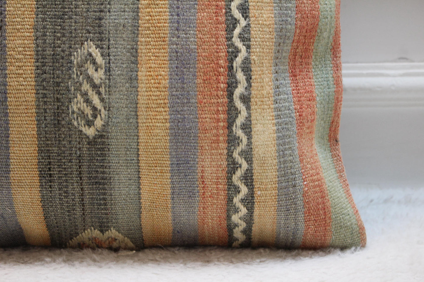 Striped Kilim Pillow Cover: 16x16 Vintage Turkish Woven Wool