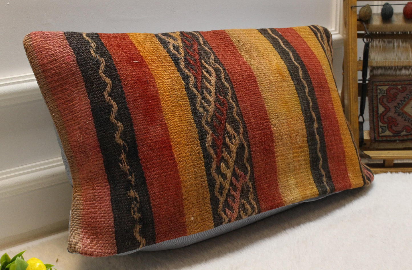 Handmade Kilim Pillow Cover: Upcycled Woven Rug, Bohemian Decor (30x60cm)