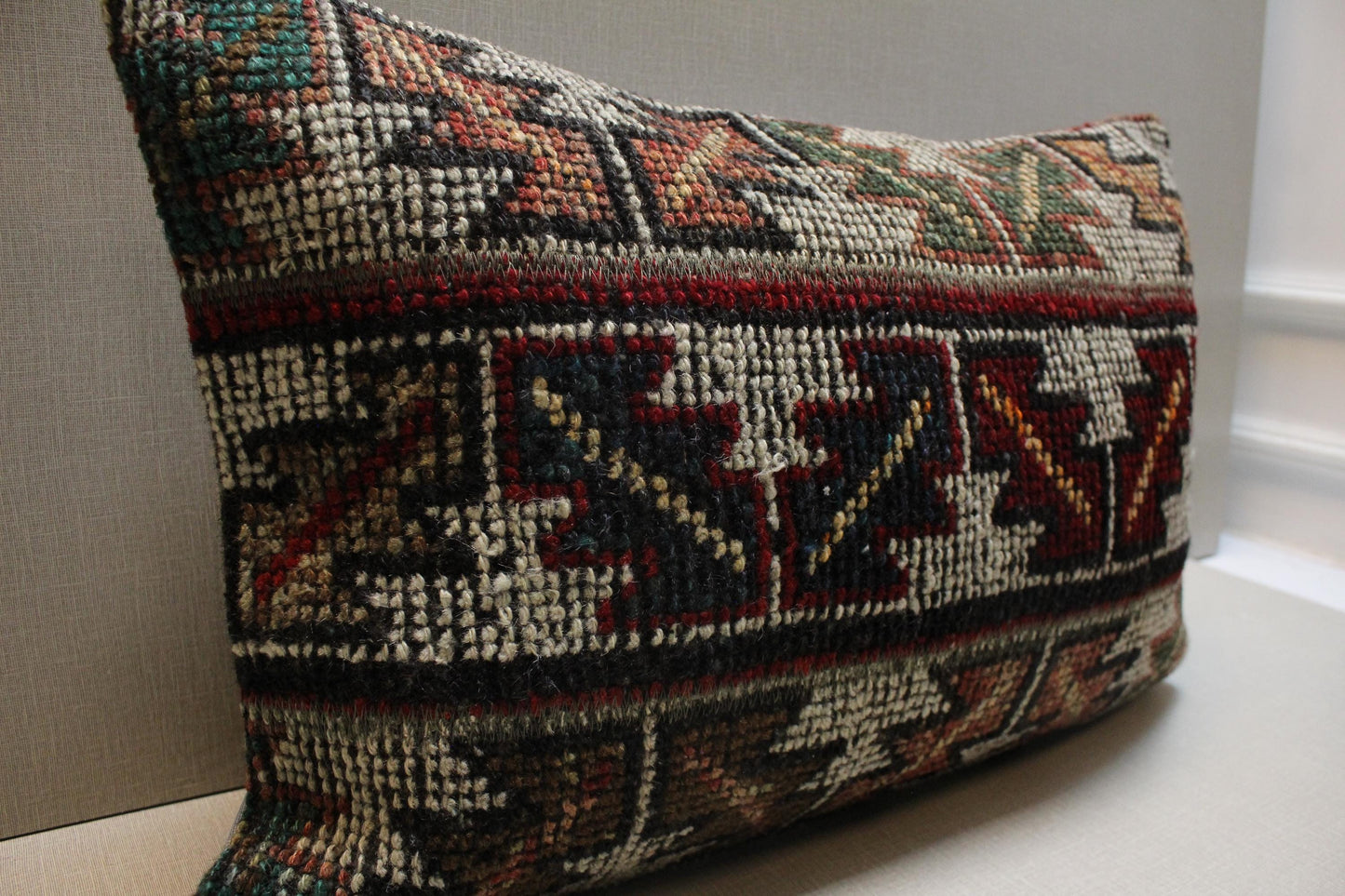 Handmade Kilim Pillow Cover: Upcycled Woven Rug, Bohemian Decor (16x24 inch)