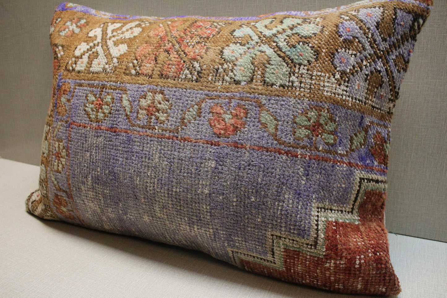 Handmade Kilim Pillow Cover: Lilac, Brown, & Green Floral Woven Rug