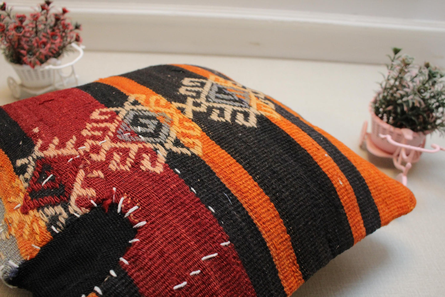 Handmade Kilim Pillow Cover: Upcycled Woven Wool, Tribal Diamondd