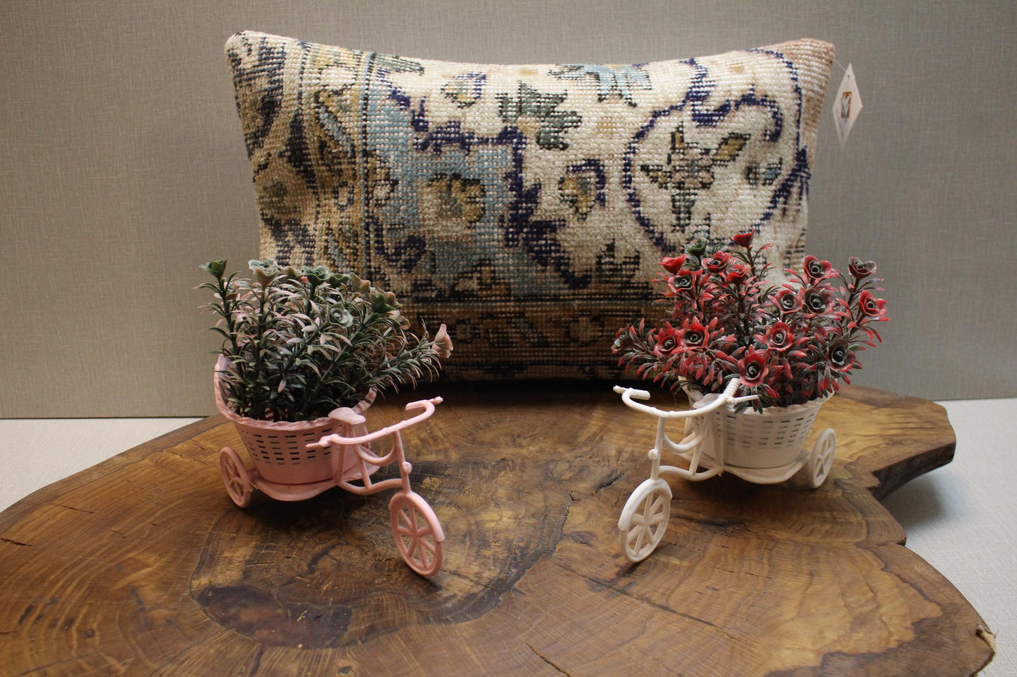 Handmade Kilim Pillow Cover: Cream & Blue Floral Boho Cushion