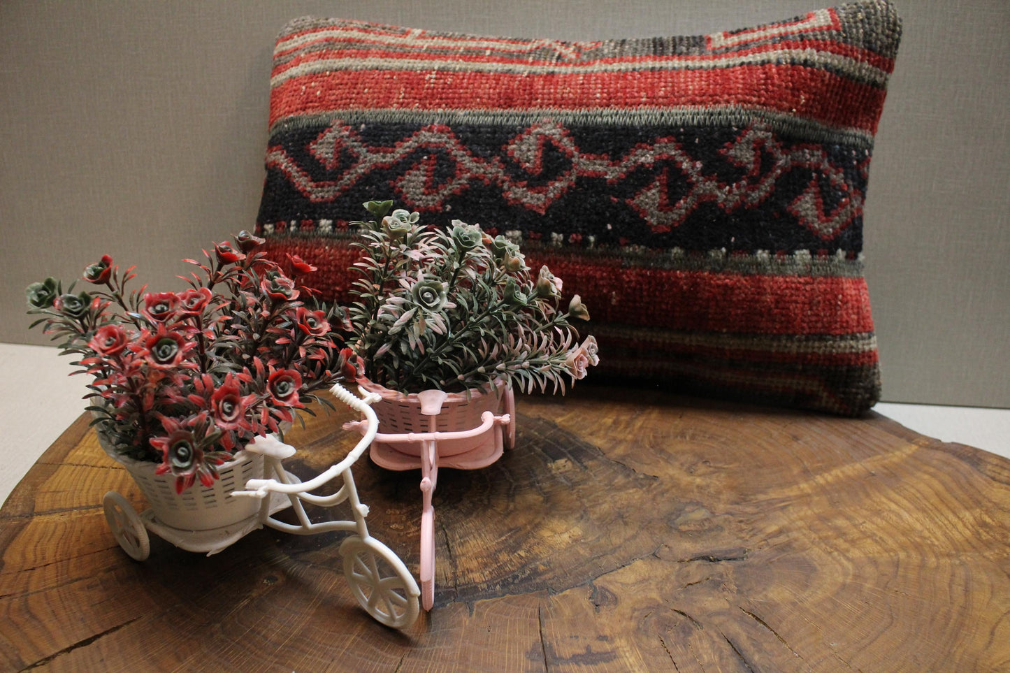 Handmade Kilim Pillow Cover: Upcycled Tribal Rug, Red Black Gray - 12x20 in