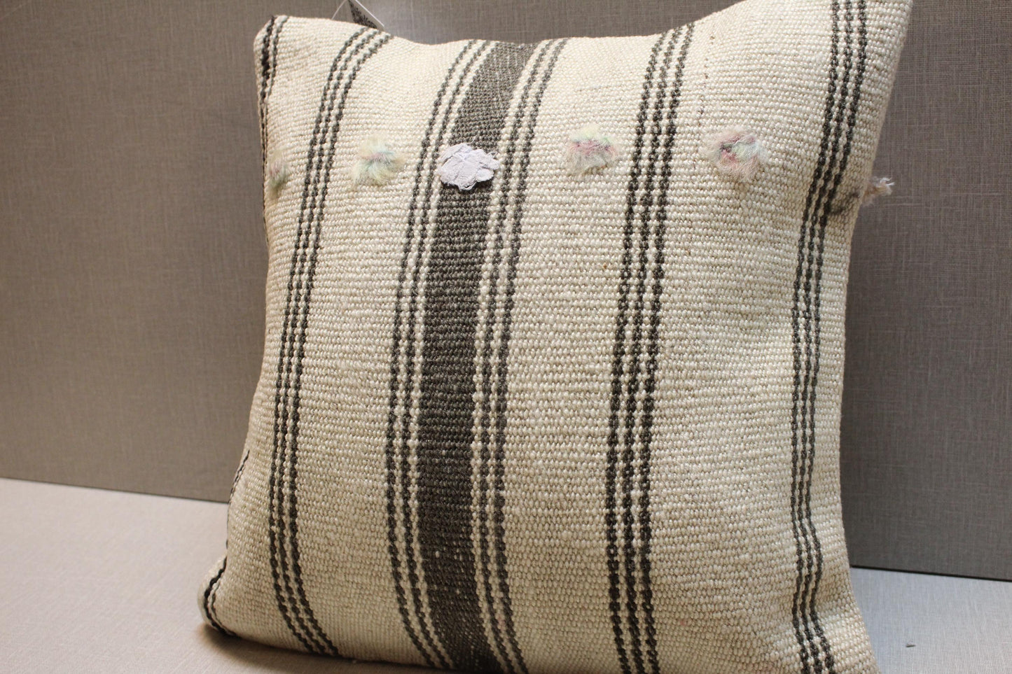 Handmade Kilim Pillow Cover: Upcycled Wool Rug, Brown & Beige 16x16