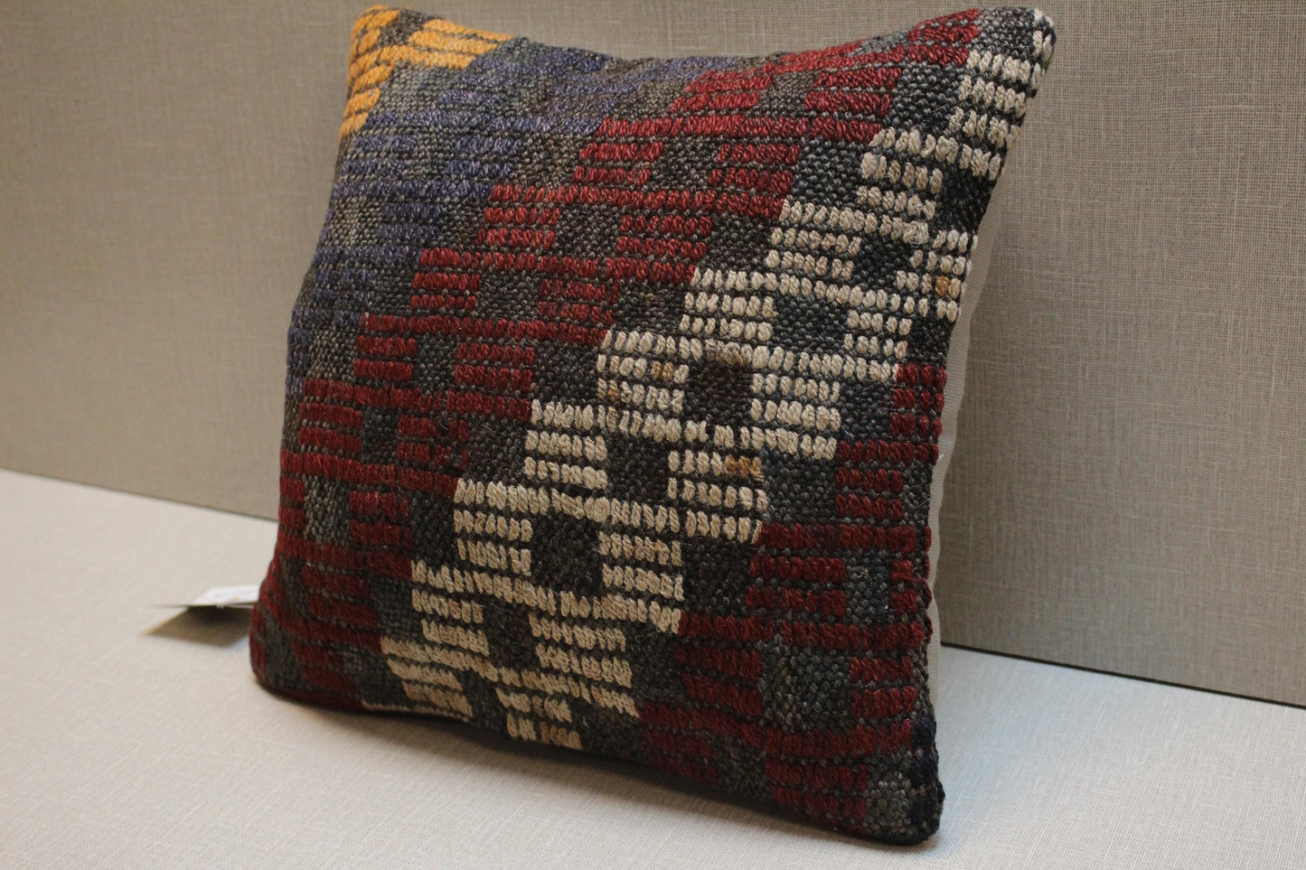 Vintage Turkish Kilim Pillow Cover: Geometric Woven Wool, 12x12