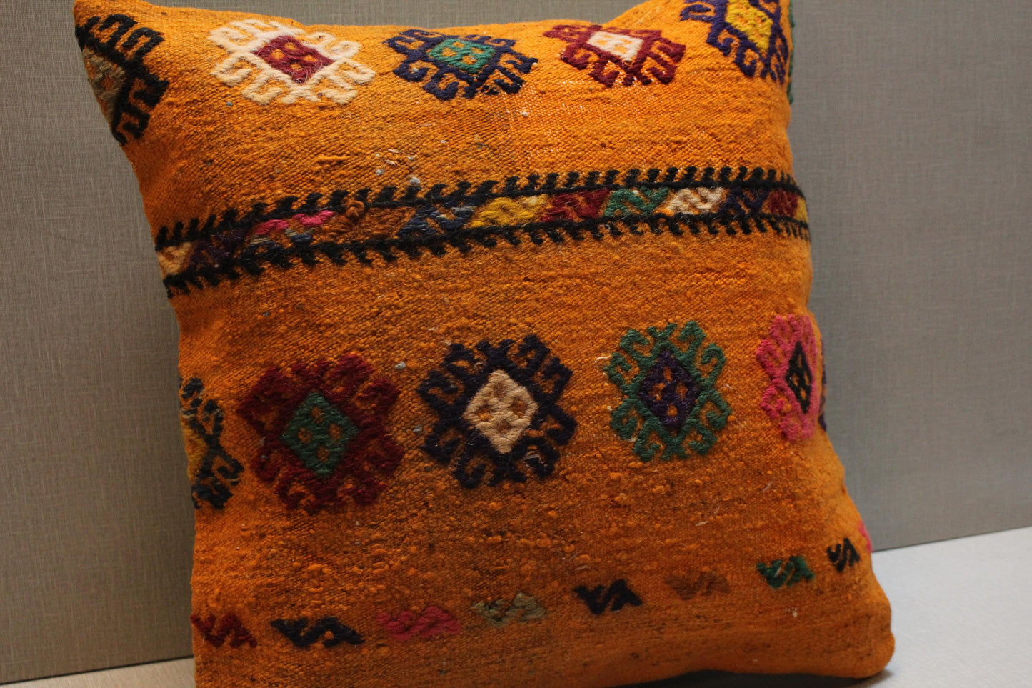 Handwoven Kilim Pillow Cover: Orange Geometric Tribal Rug Pillow