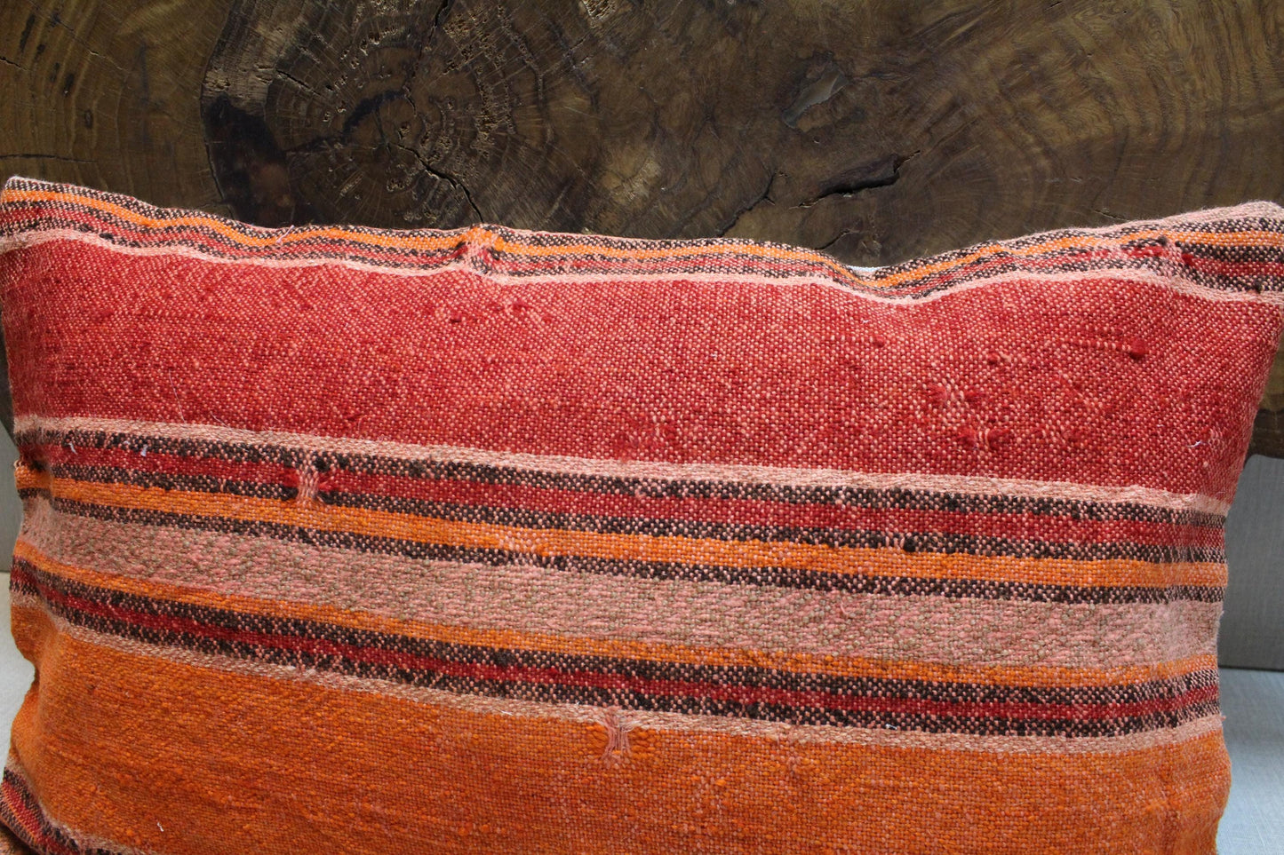 Handmade Kilim Pillow Cover 16x24: Striped Orange & Red Turkish Rug