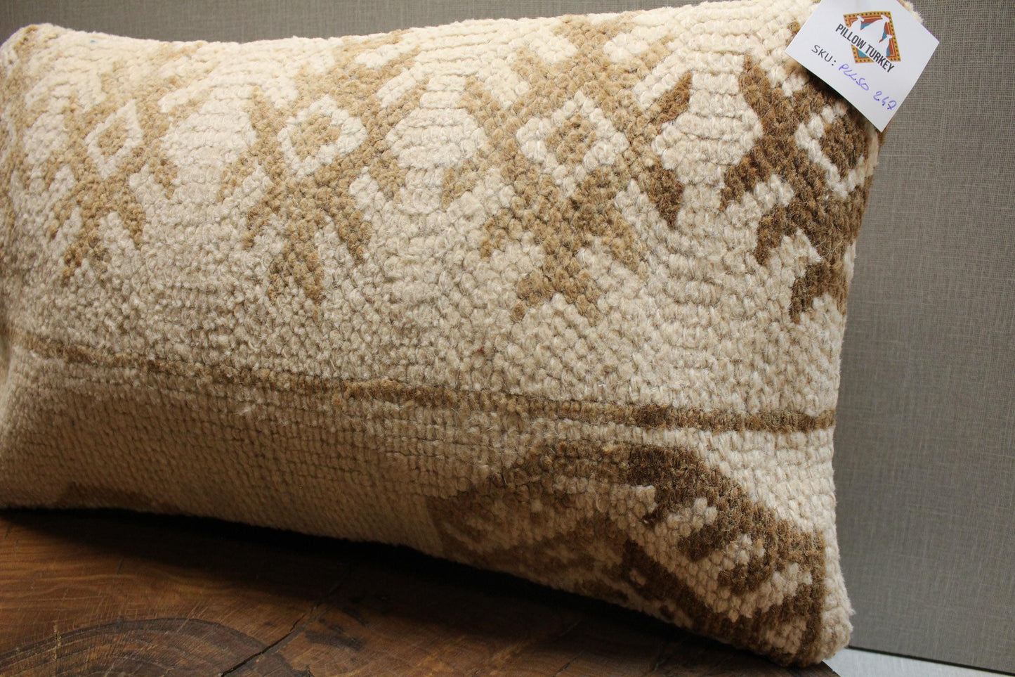 Handmade Kilim Pillow Cover: Cream & Tan Woven Wool, 12x20