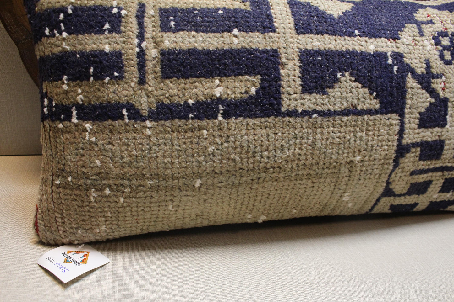 Vintage Turkish Kilim Pillow Cover: Navy Beige Geometric Boho Accent