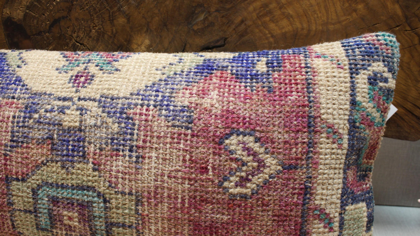 Handwoven Kilim Pillow Cover: Soft Pink, Purple & Teal Bohemian Accent