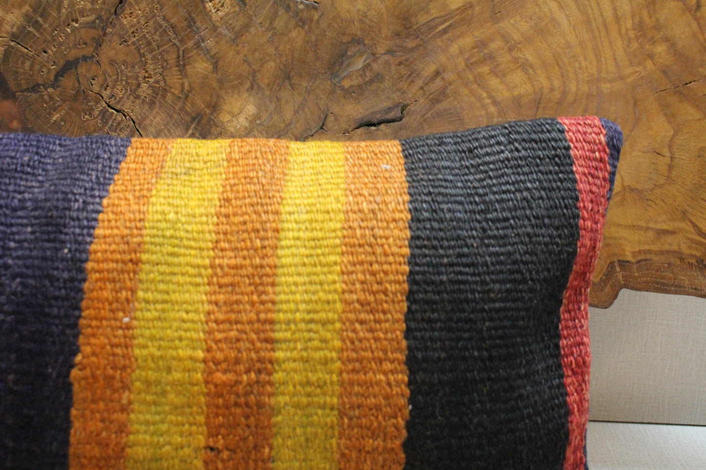 Vintage Kilim Lumbar Pillow Cover: Navy, Red, Mustard Stripes