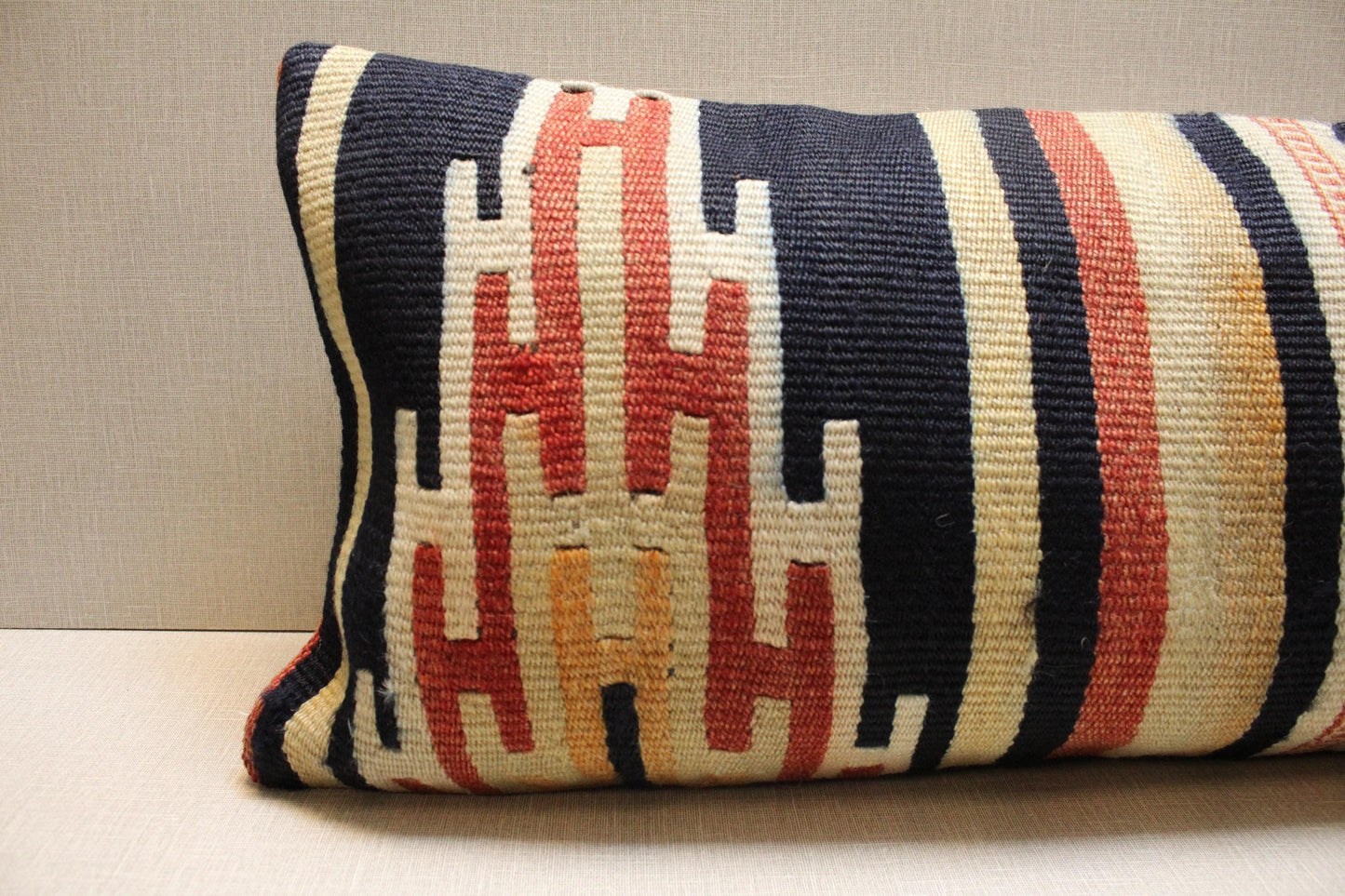 Handwoven Turkish Kilim Pillow Cover 12x36: Navy Blue Beige Tribal Lumbar Cushion