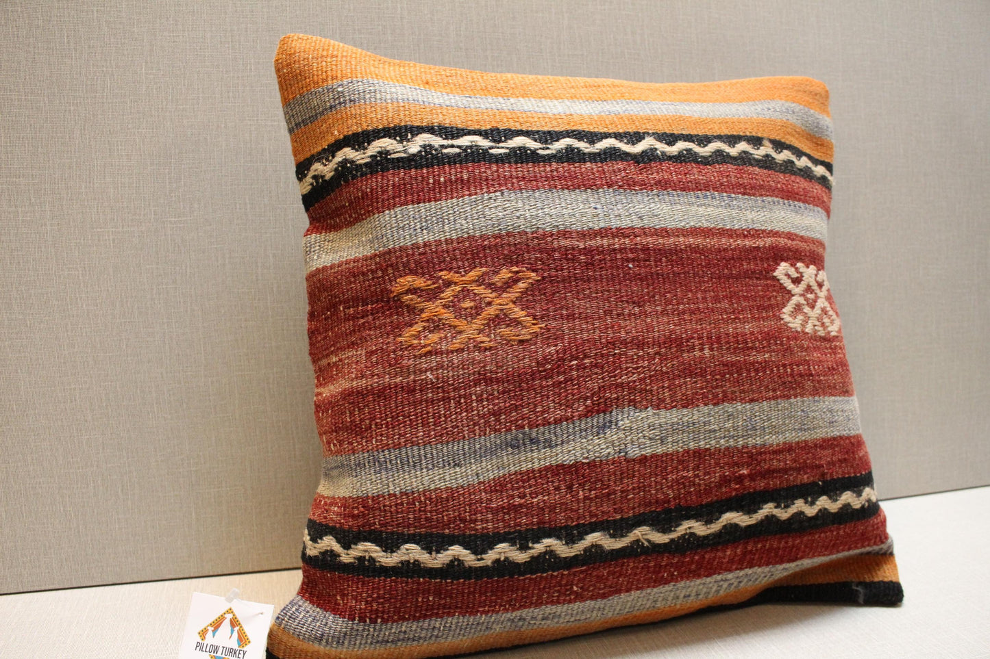 Handwoven Kilim Pillow Cover: Rust Red & Mustard Yellow Boho Cushion (16x16 inch)