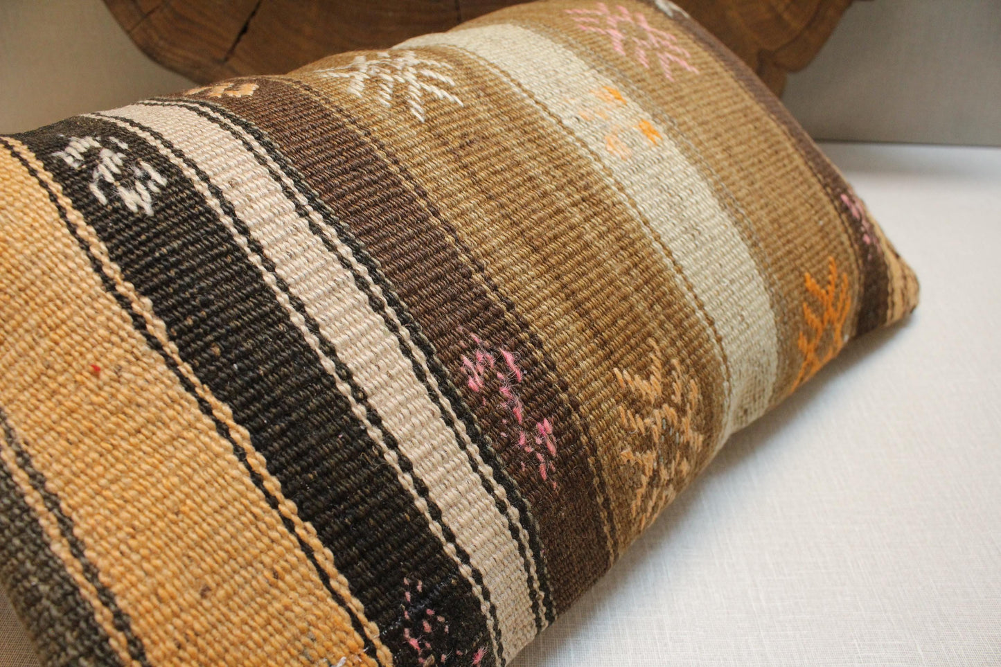 Handwoven Kilim Lumbar Pillow Cover: Vintage Turkish Rug, Brown Striped, 12x20