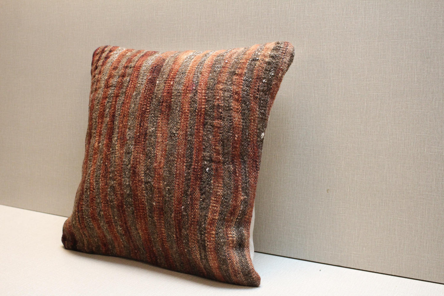 Brown Striped Kilim Pillow Cover: Vintage Turkish Rug Cushion, 16x16