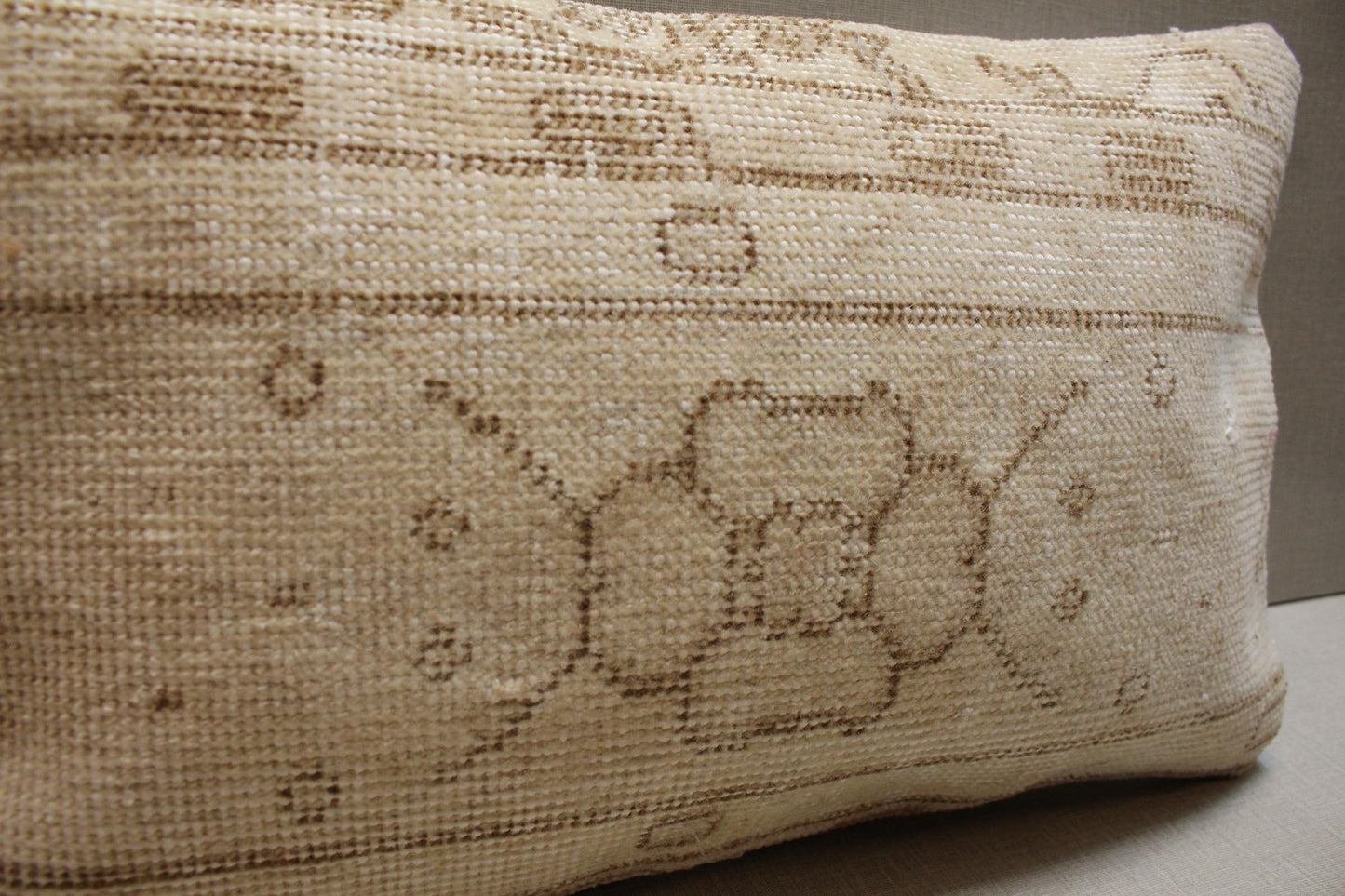 Handwoven Turkish Kilim Lumbar Pillow Cover: Beige & Brown, 12x20 Inc.