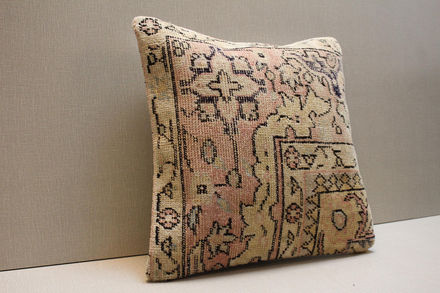 Handwoven Kilim Pillow Cover: Vintage Turkish Rug, Pastel Beige & Pink 16x16