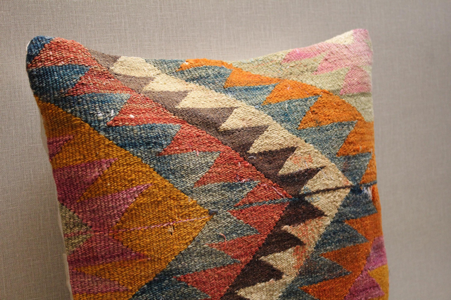 Handwoven Kilim Pillow Cover: Vintage Turkish Geometric Cushion, 16x16
