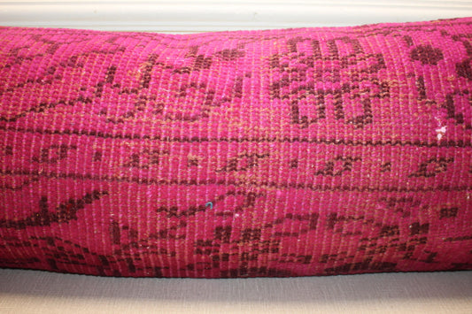 Vintage Turkish Rug Lumbar Pillow, Pink Kilim Bench Cushion, Long Magenta Bolster, Boho Decor