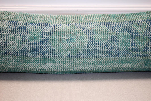 Vintage Turkish Rug Lumbar Pillow, Aqua Mint Kilim Bench Cushion, Long Boho BolsterSofa Decor