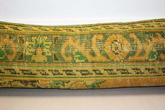 Vintage Turkish Rug Lumbar Pillow Cover, Yellow Green Kilim Cushion, Boho Sofa Decor, LongThrow