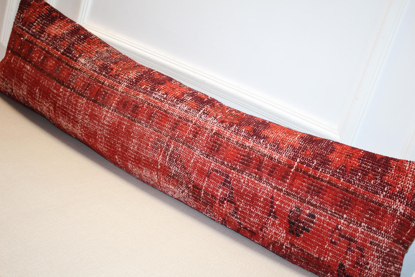 Red Turkish Kilim Lumbar Pillow Cover – Upcycled Boho Rug (12x48)