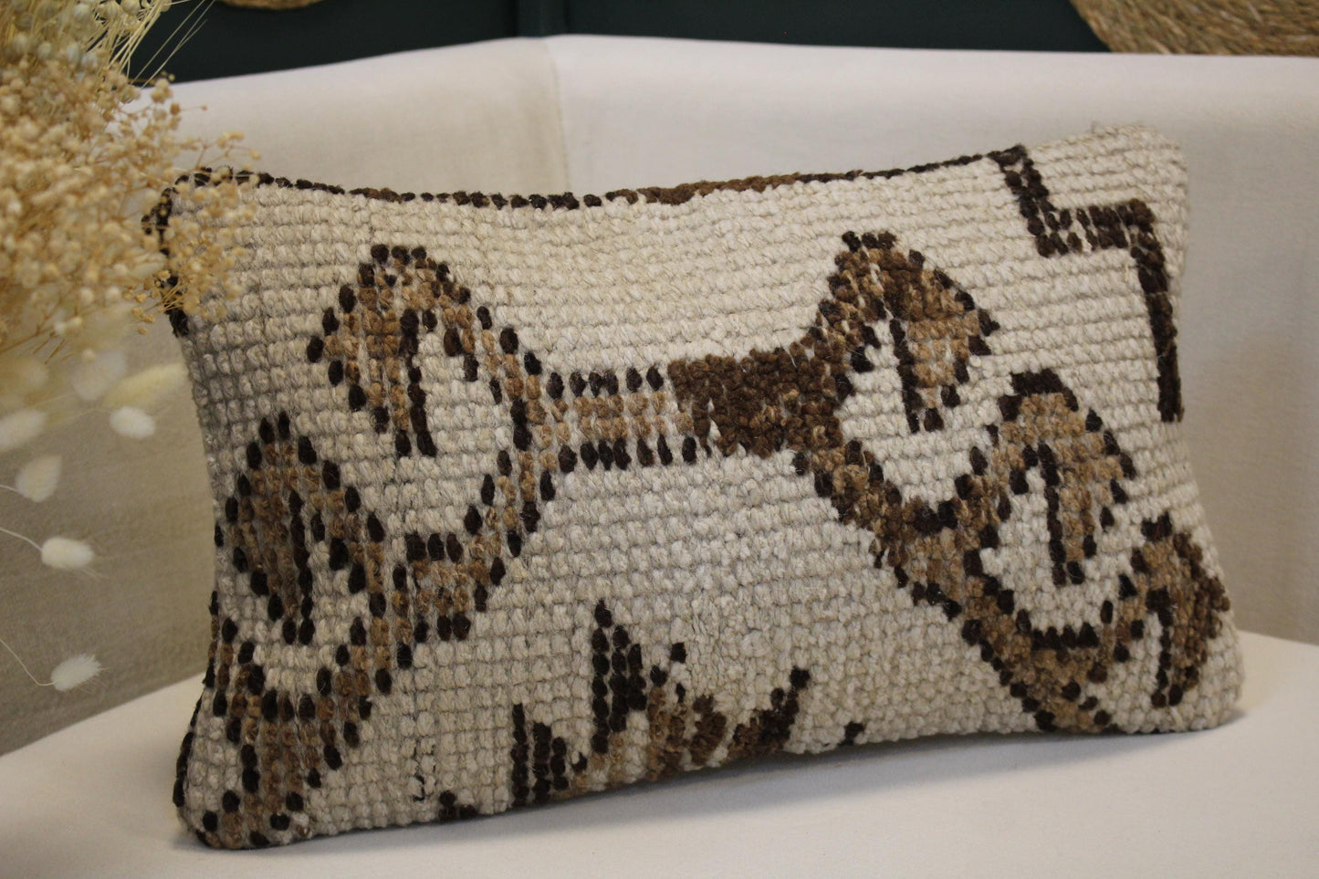 Vintage Turkish Kilim Lumbar Pillow 12x20 - Cream Brown Handwoven Cushion with Geometric Pattern