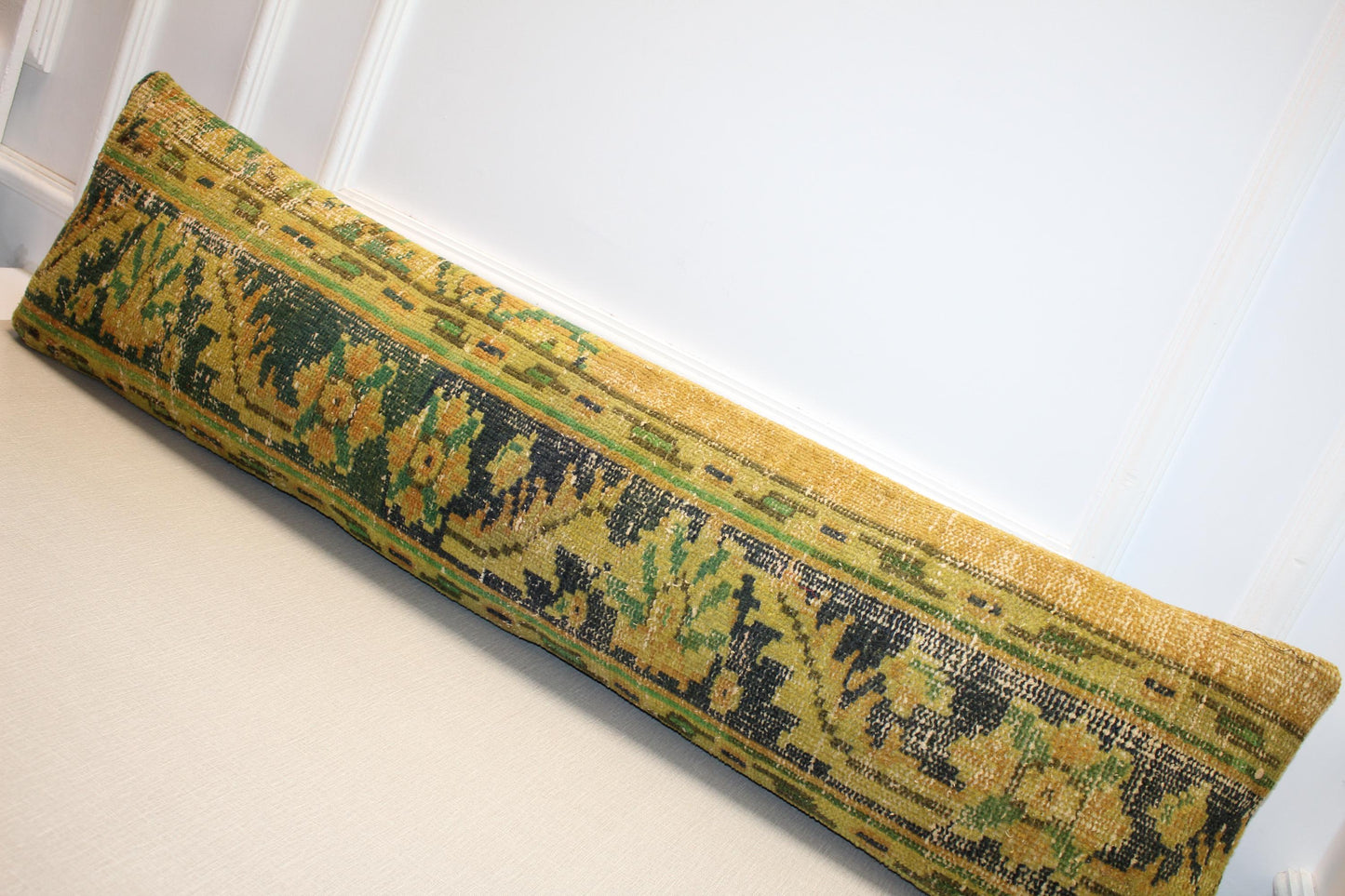 Vintage Turkish Kilim Long Lumbar Pillow - Green Yellow Handwoven Cushion, Boho Rustic (12x48 inch)