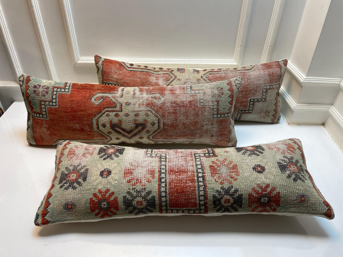 Vintage Turkish Kilim Lumbar Pillow Set: Upcycled Anatolian Rug Cushions (12x36)