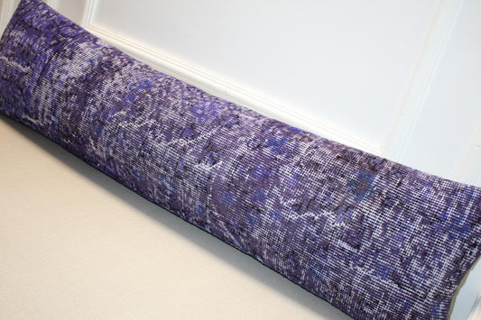 Vintage Turkish Rug Lumbar Pillow, Purple Kilim Cushion, Long Boho Bolster, Rustic Lavender Decor
